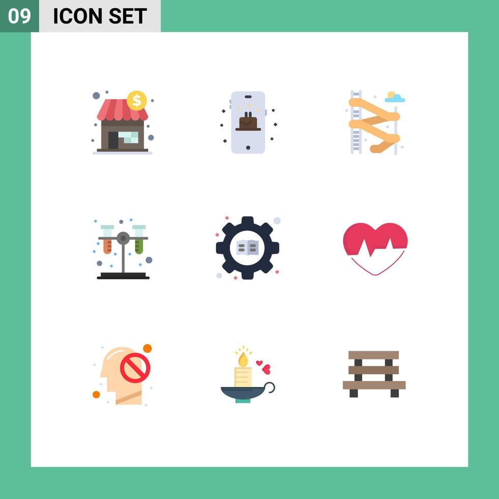 Group of 9 Flat Colors Signs and Symbols for ecg setting water gear tube Editable Vector Design Elements