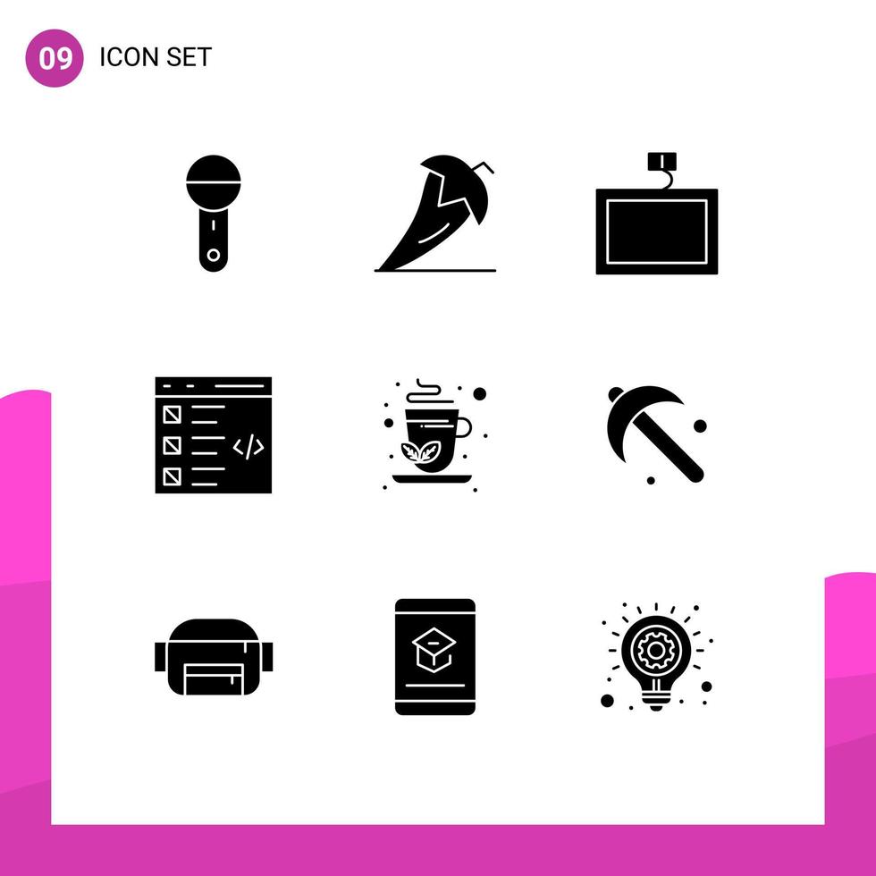 Pictogram Set of 9 Simple Solid Glyphs of list develop pepper coding wall Editable Vector Design Elements