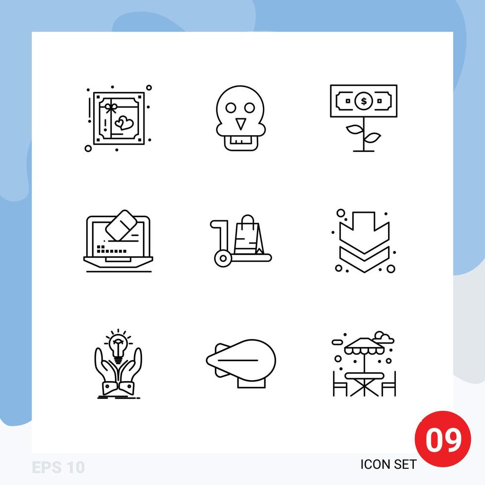 Pictogram Set of 9 Simple Outlines of bag tool man data growth Editable Vector Design Elements