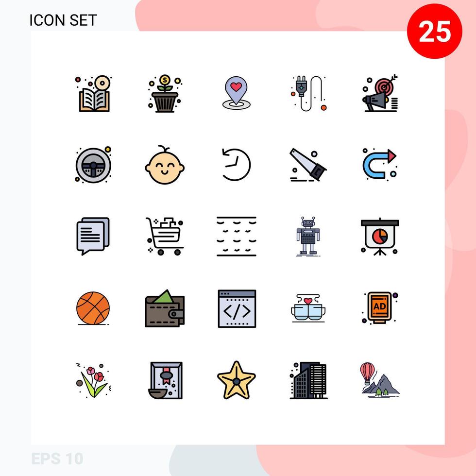 25 Universal Filled line Flat Color Signs Symbols of campaign plug money growth electric pin Editable Vector Design Elements