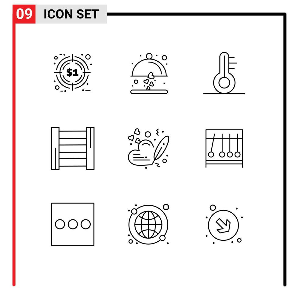 paquete de 9 signos y símbolos de contornos modernos para medios de impresión web, como elementos de diseño de vectores editables de la escalera del corazón de la temperatura del amor de la boda