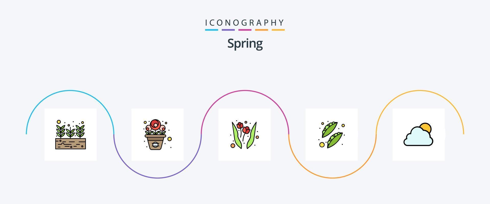 paquete de iconos de 5 planos llenos de línea de primavera que incluye sol. cielo. flor. alimento. guisantes vector