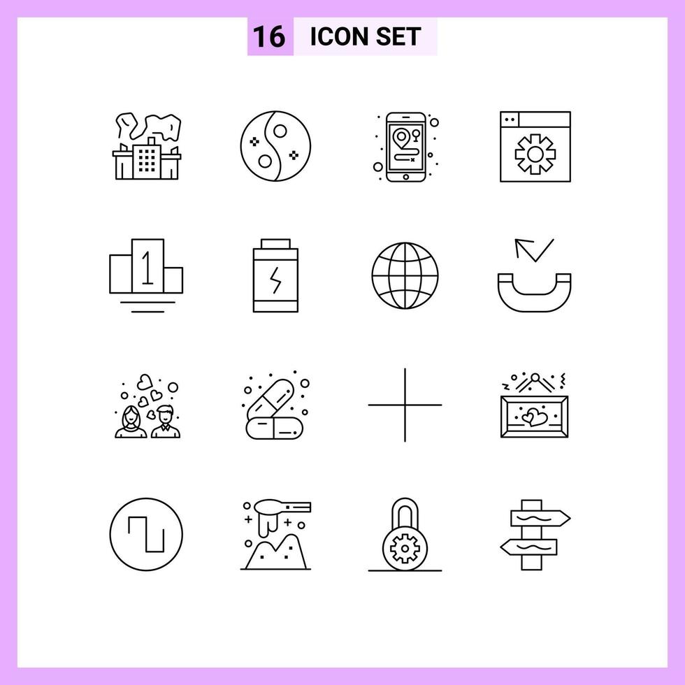 User Interface Pack of 16 Basic Outlines of battery podium women setting web Editable Vector Design Elements