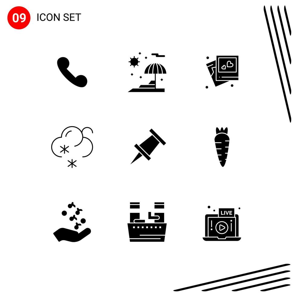 Modern Set of 9 Solid Glyphs and symbols such as food pin love marker snow Editable Vector Design Elements