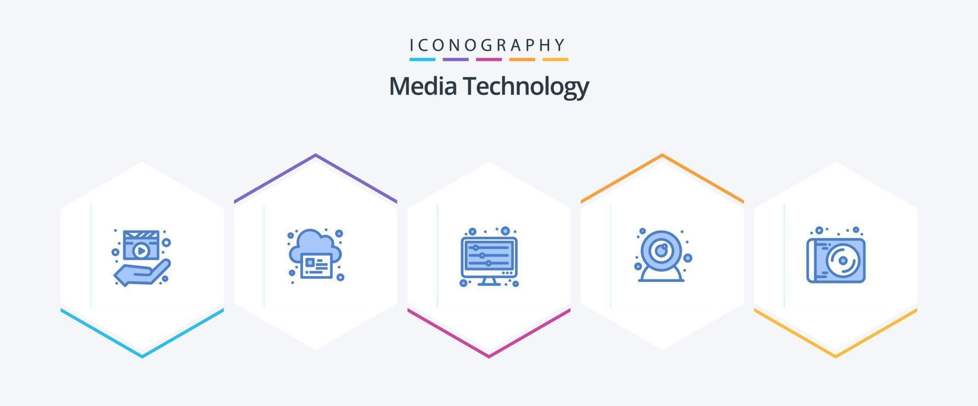 tecnología de medios 25 paquete de iconos azules que incluye medios. cámara web. nube. cámara web. ondas vector