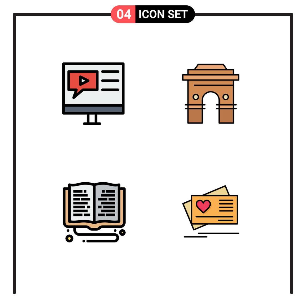 Set of 4 Commercial Filledline Flat Colors pack for education indian tutorial global temple Editable Vector Design Elements
