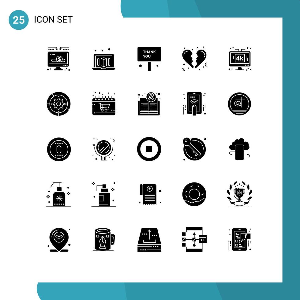 Group of 25 Modern Solid Glyphs Set for technology display thank computer heart Editable Vector Design Elements