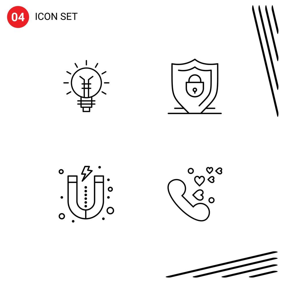 Modern Set of 4 Filledline Flat Colors Pictograph of lightbulb security idea internet magnet Editable Vector Design Elements