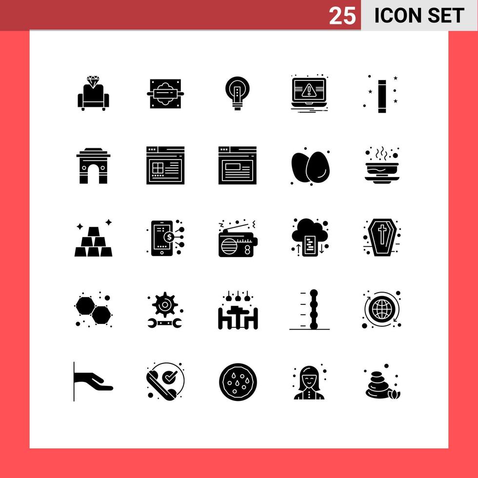 Pictogram Set of 25 Simple Solid Glyphs of alert laptop bright essentials lightbulb Editable Vector Design Elements