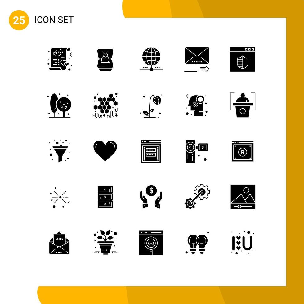 Mobile Interface Solid Glyph Set of 25 Pictograms of next forward wedding email data Editable Vector Design Elements