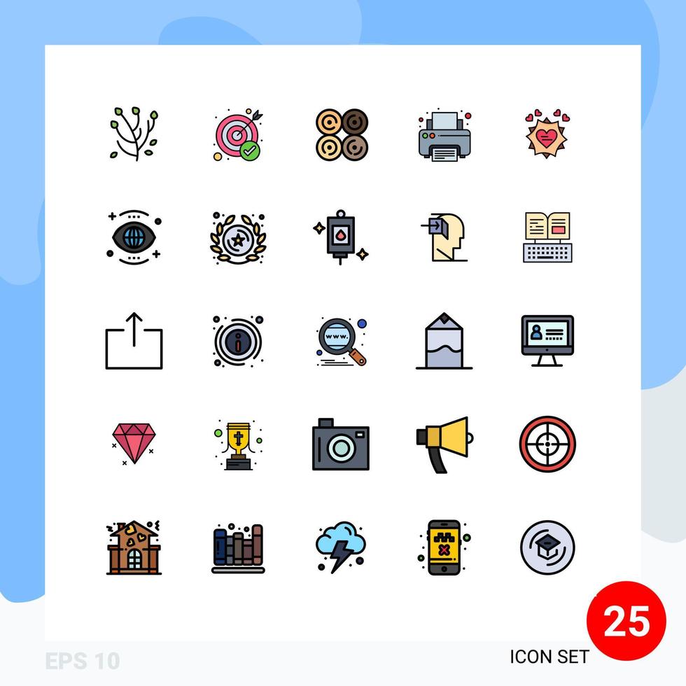 Mobile Interface Filled line Flat Color Set of 25 Pictograms of card printing donut printer fax Editable Vector Design Elements