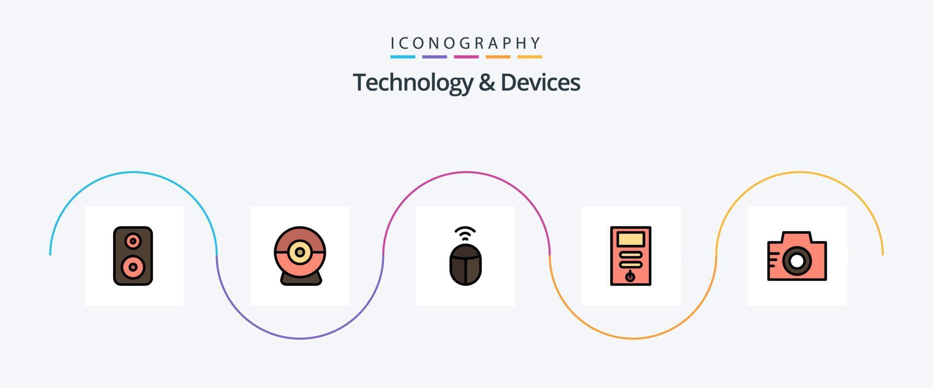 Devices Line Filled Flat 5 Icon Pack Including . photo. computer. image. stabilizer vector