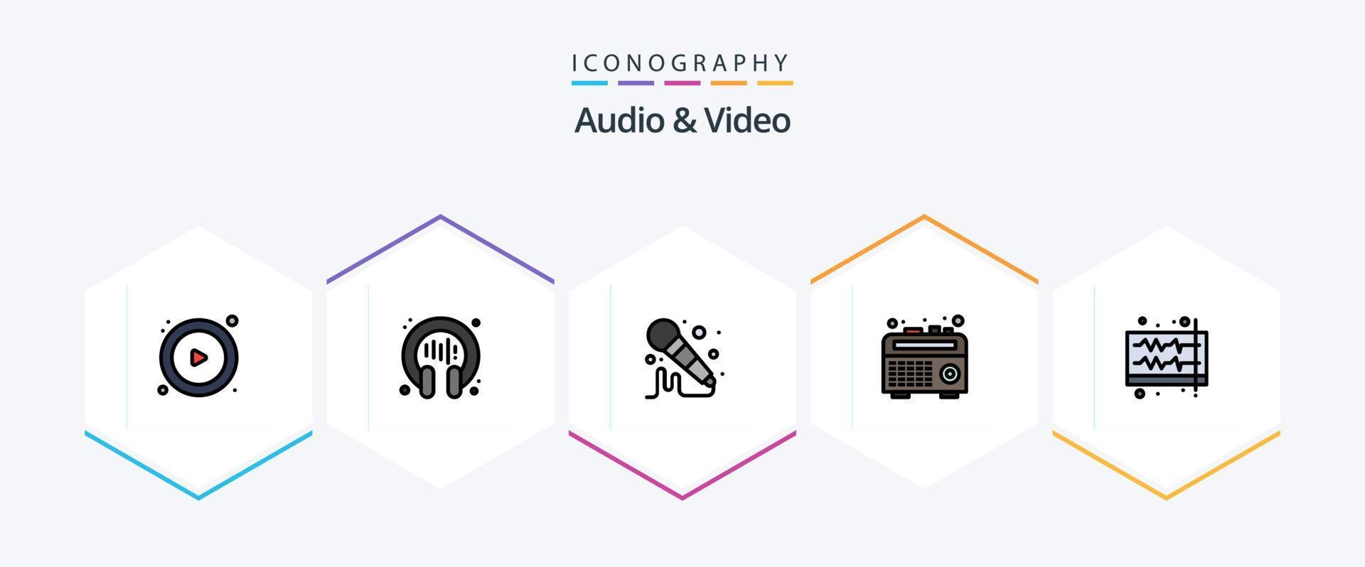 paquete de iconos de 25 líneas completas de audio y video que incluye wave. sonido. micrófono. música. grabadora vector