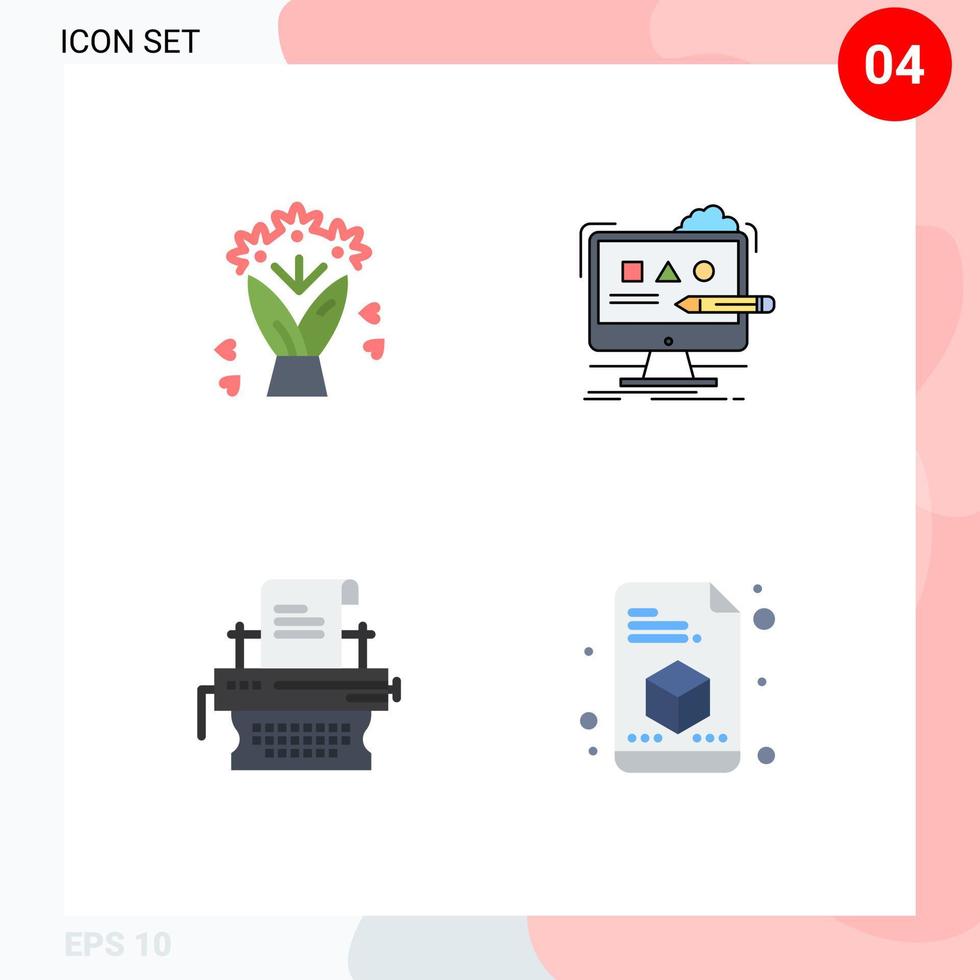 Set of 4 Vector Flat Icons on Grid for bouquet marketing art digital typewriter Editable Vector Design Elements