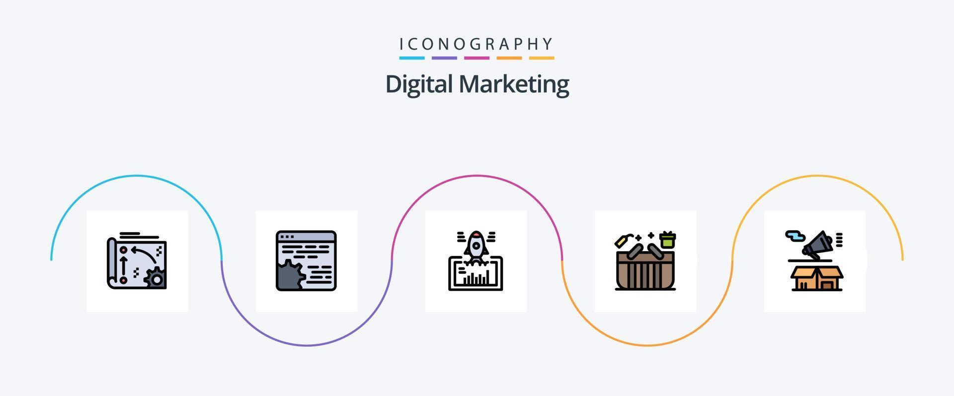 la línea de marketing digital llenó el paquete de iconos planos 5 que incluye un regalo. cesta. configuración. web. sitio web vector