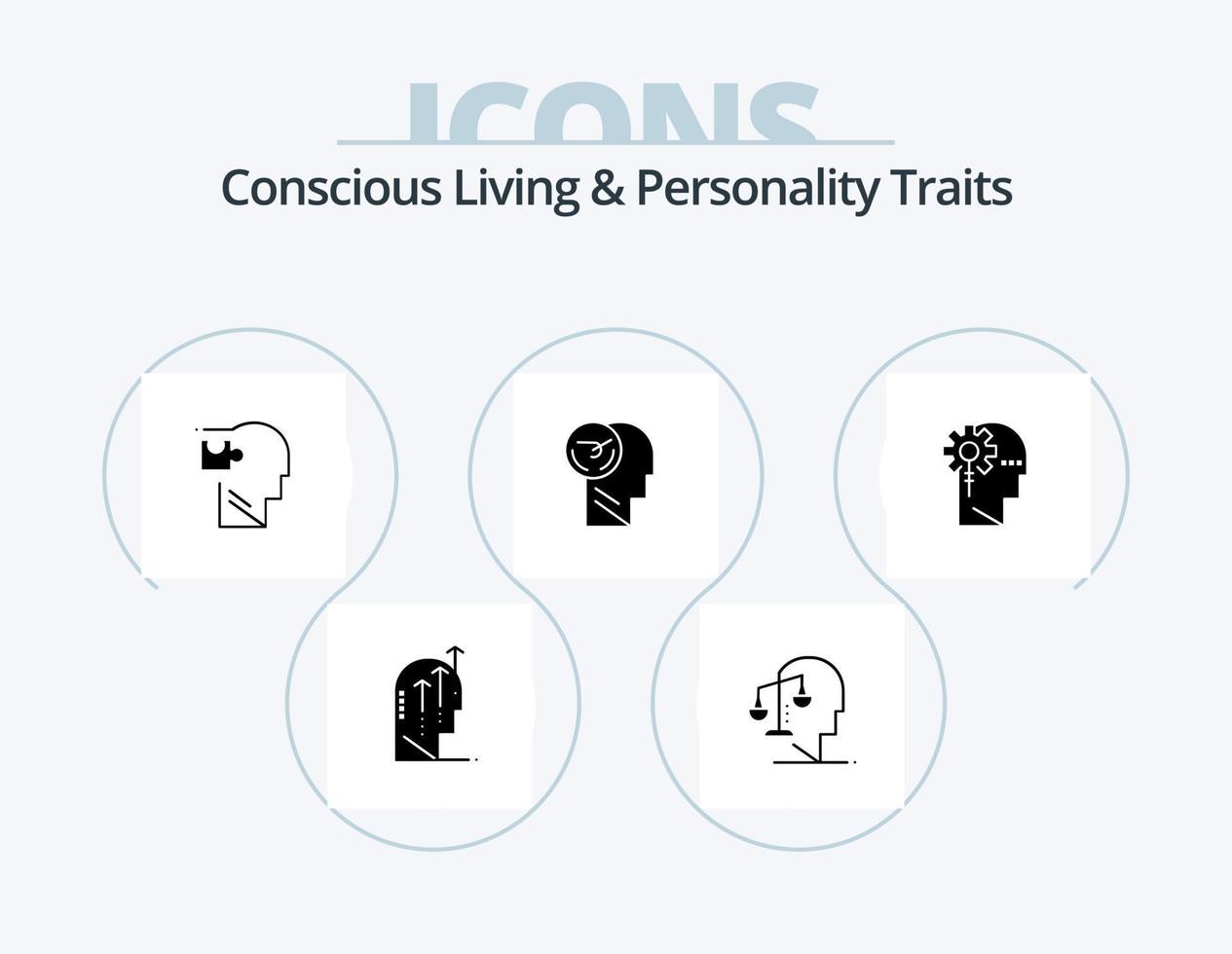 Concious Living And Personality Traits Glyph Icon Pack 5 Icon Design. faster. activity. integrity. solution. mind vector