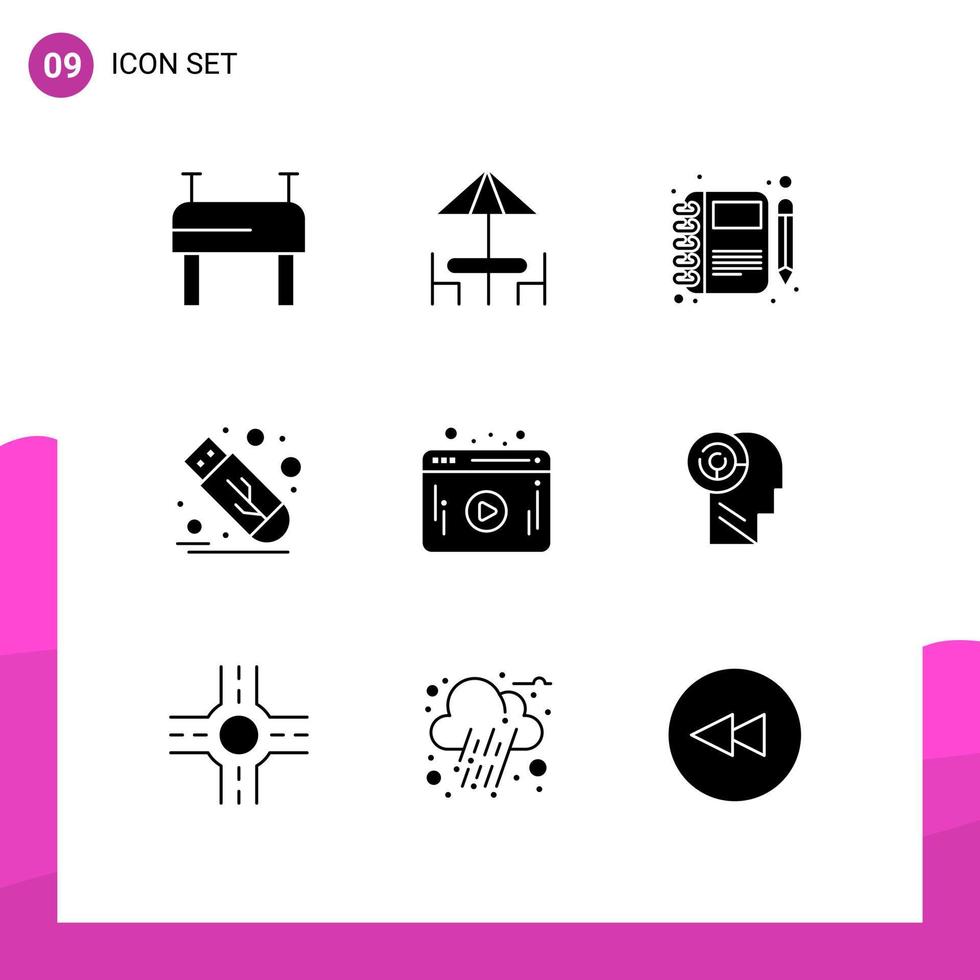 Set of 9 Commercial Solid Glyphs pack for player video note usb flash Editable Vector Design Elements