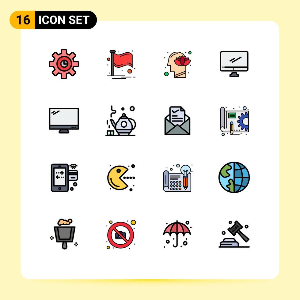 16 Universal Flat Color Filled Line Signs Symbols of pc device harmony monitor mind Editable Creative Vector Design Elements