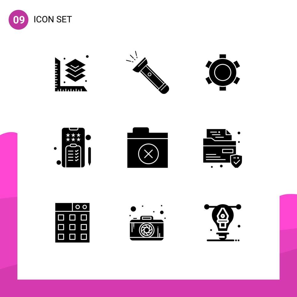 Group of 9 Modern Solid Glyphs Set for files phone basic notepad mobile Editable Vector Design Elements