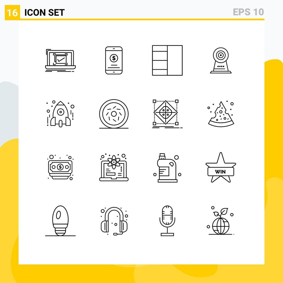 Group of 16 Modern Outlines Set for rocket education money hotel webcam Editable Vector Design Elements