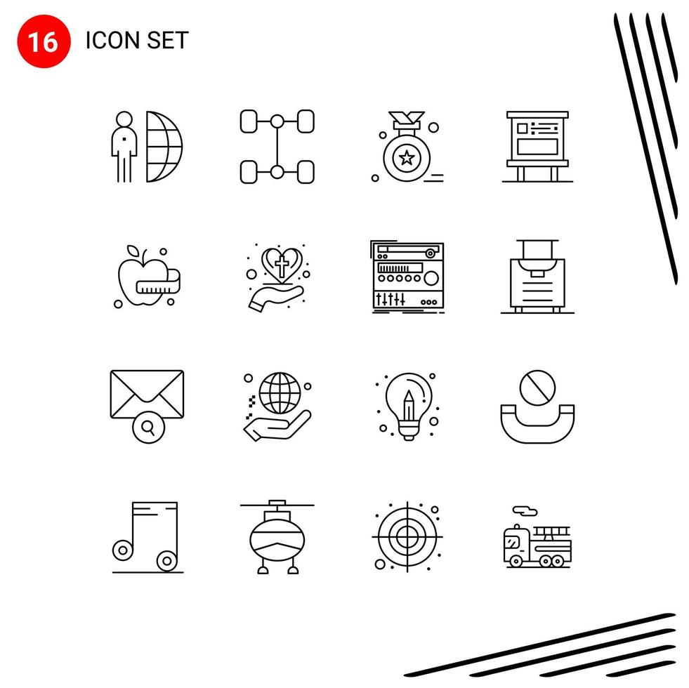 Set of 16 Modern UI Icons Symbols Signs for hand medical apple award badge pubic billboard Editable Vector Design Elements