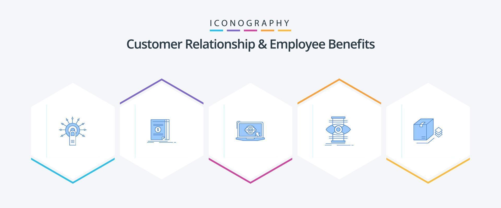 Customer Relationship And Employee Benefits 25 Blue icon pack including box. focus. novel. success. presentation vector