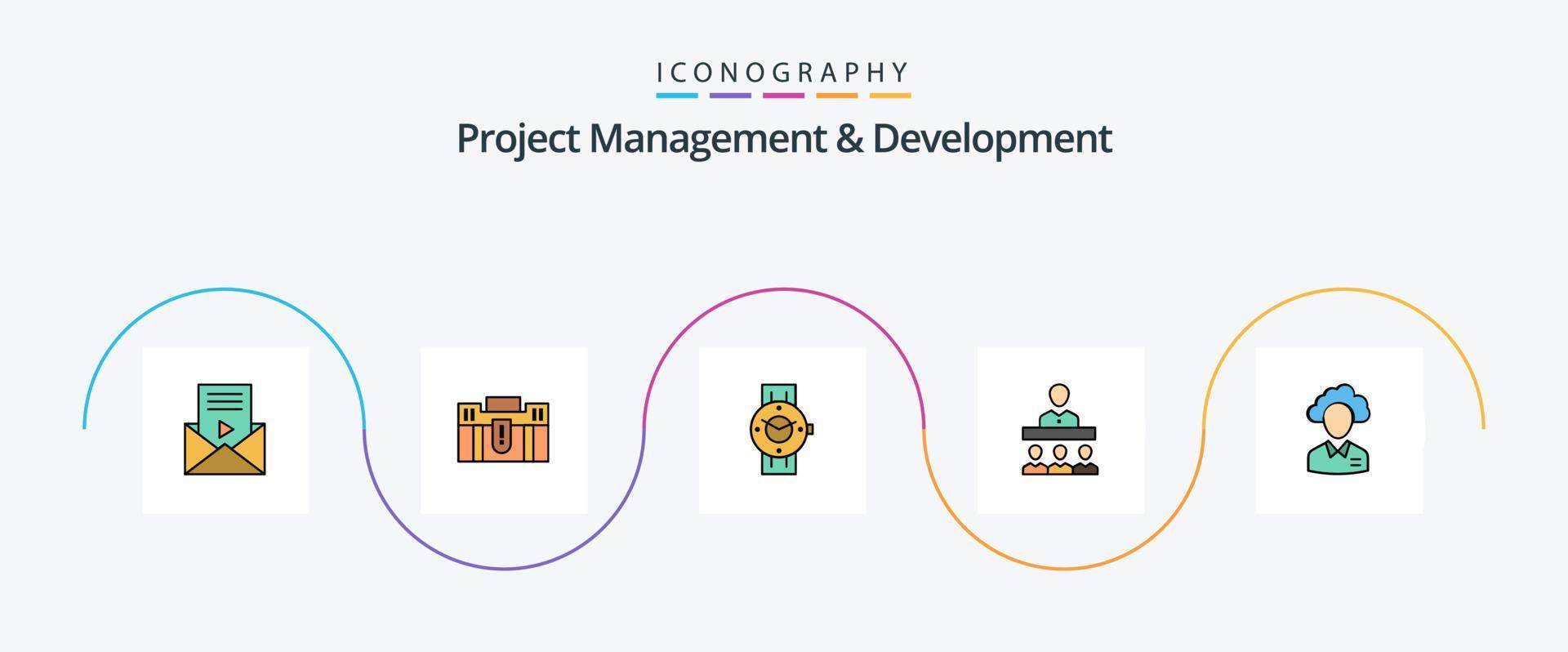 Project Management And Development Line Filled Flat 5 Icon Pack Including team. android. portfolio. phone. smart watch vector