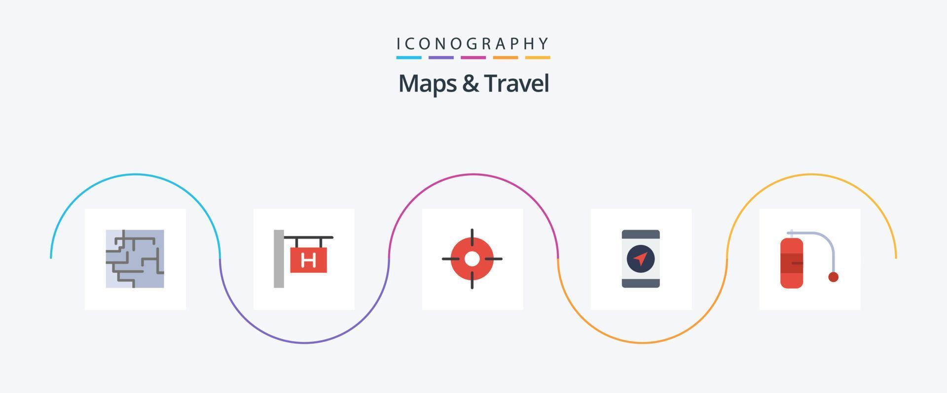 Mapas y paquete de iconos de 5 planos de viaje que incluye. mapas vacaciones. buceo vector