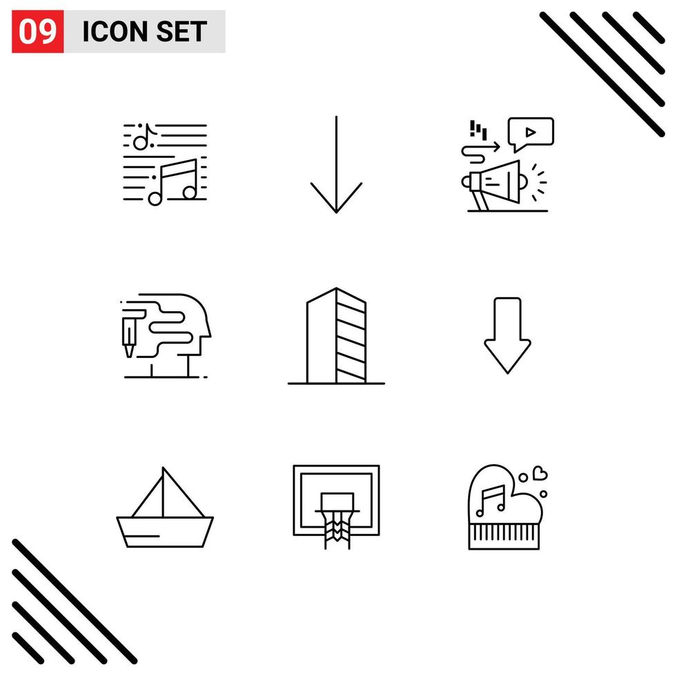 User Interface Pack of 9 Basic Outlines of landscape construction audio buildings printing Editable Vector Design Elements