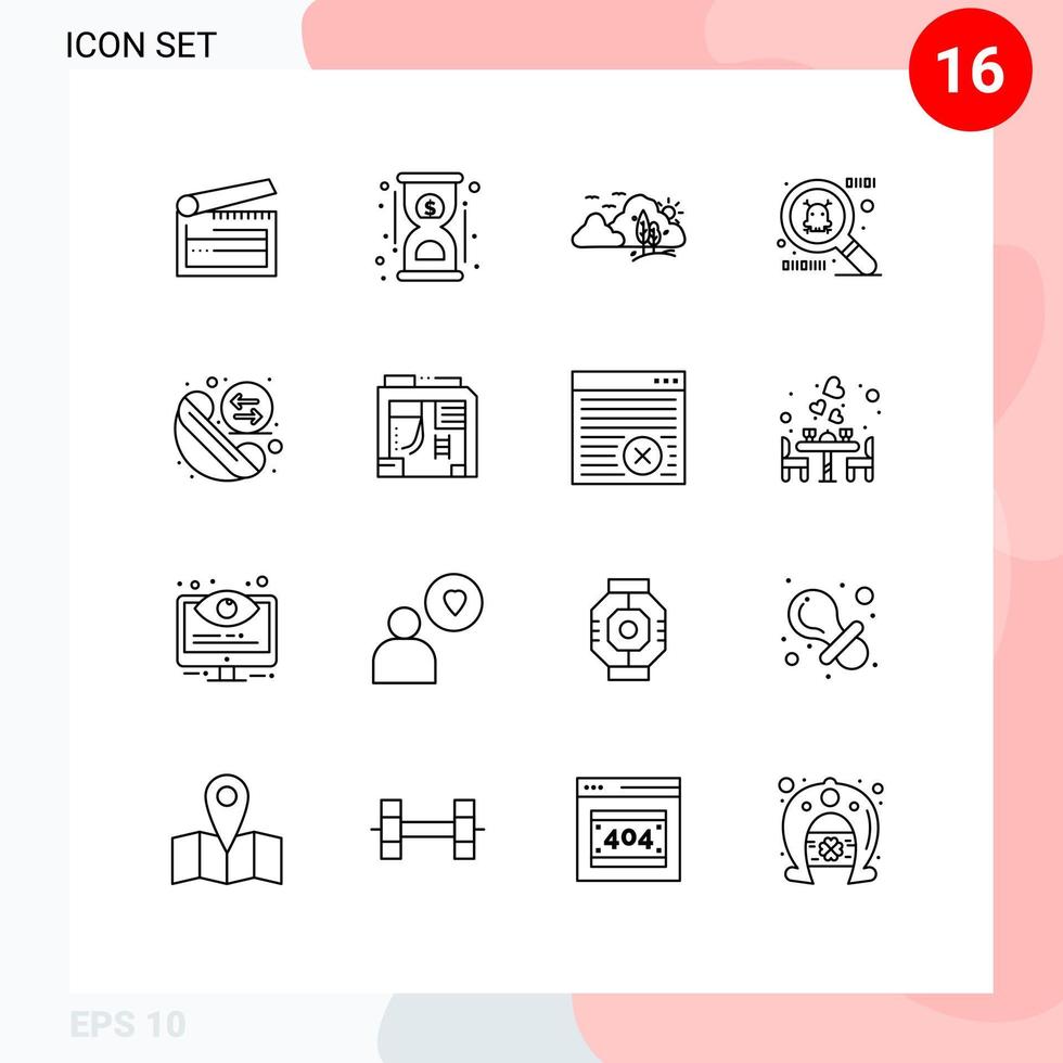 Mobile Interface Outline Set of 16 Pictograms of phone call fast spy ware nature Editable Vector Design Elements