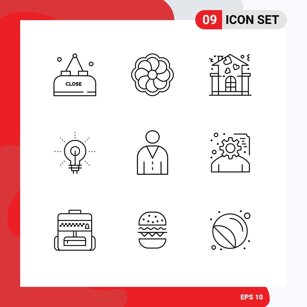 Mobile Interface Outline Set of 9 Pictograms of human inspirating home insight glow Editable Vector Design Elements