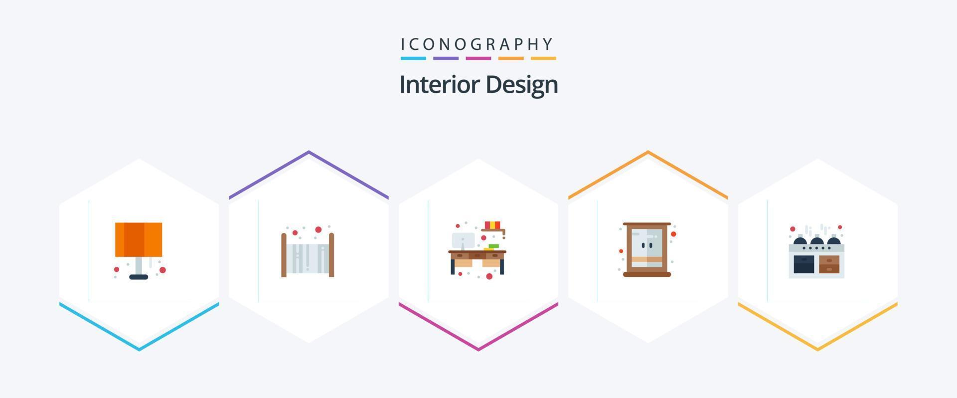 diseño de interiores paquete de 25 iconos planos que incluye cocina. armario. lugar de trabajo interior. armario vector