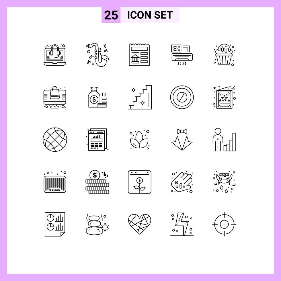 Stock Vector Icon Pack of 25 Line Signs and Symbols for food cupcake document room aircondition Editable Vector Design Elements