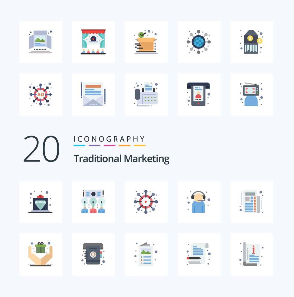 20 Traditional Marketing Flat Color icon Pack like news customer support workshop customer service assistant vector