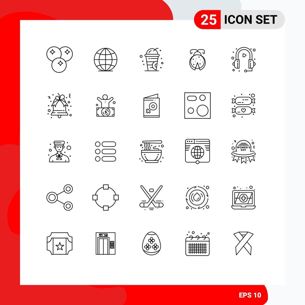 Line Pack of 25 Universal Symbols of service headphone drink customer ladybird Editable Vector Design Elements