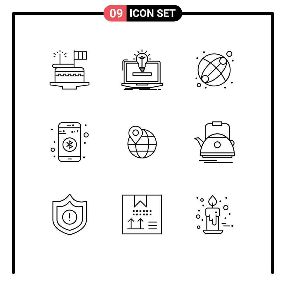 paquete de 9 signos y símbolos de contornos modernos para medios de impresión web, como elementos de diseño de vectores editables de juguete de datos de bombilla de ubicación compartida