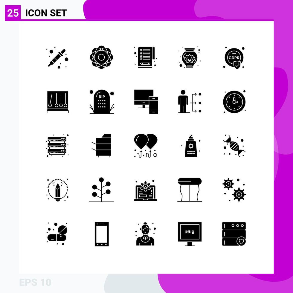 Pack of 25 Modern Solid Glyphs Signs and Symbols for Web Print Media such as eu security physics decoration pot Editable Vector Design Elements