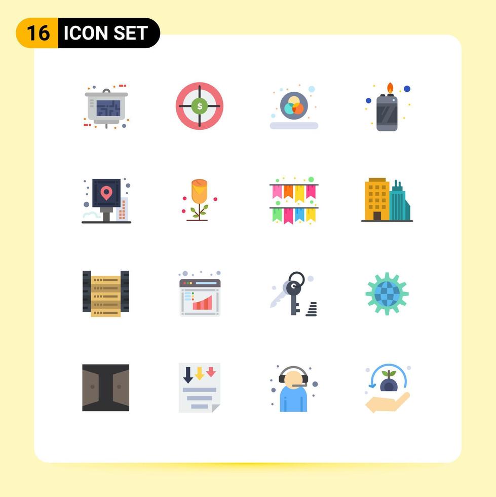 Modern Set of 16 Flat Colors and symbols such as navigation city target lighter fire Editable Pack of Creative Vector Design Elements