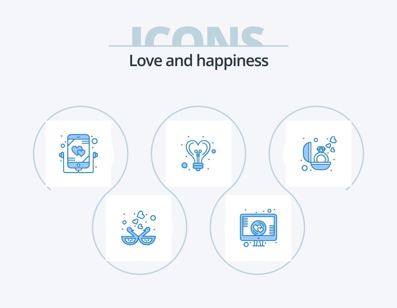 diseño de iconos del paquete 5 de iconos azules de amor. compromiso. luz. corazón de pantalla idea. música vector