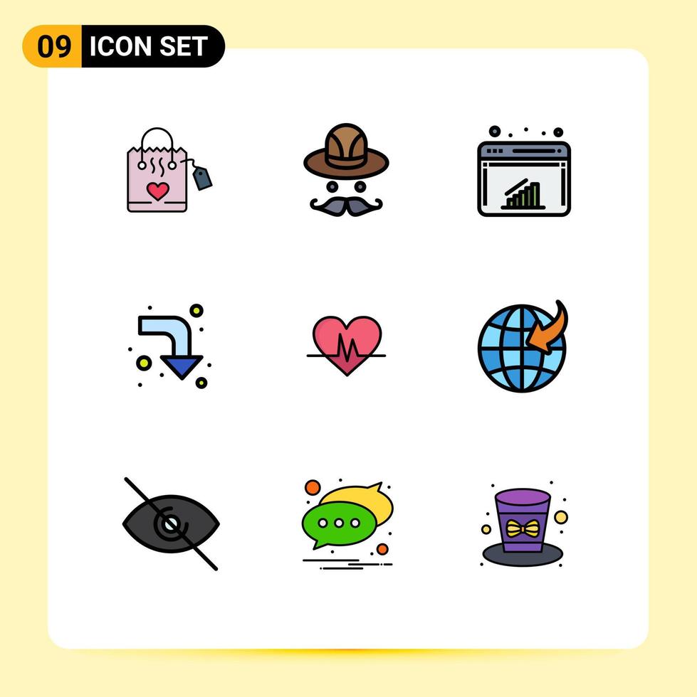 9 Universal Filledline Flat Colors Set for Web and Mobile Applications pulse heart graph ecg reload Editable Vector Design Elements