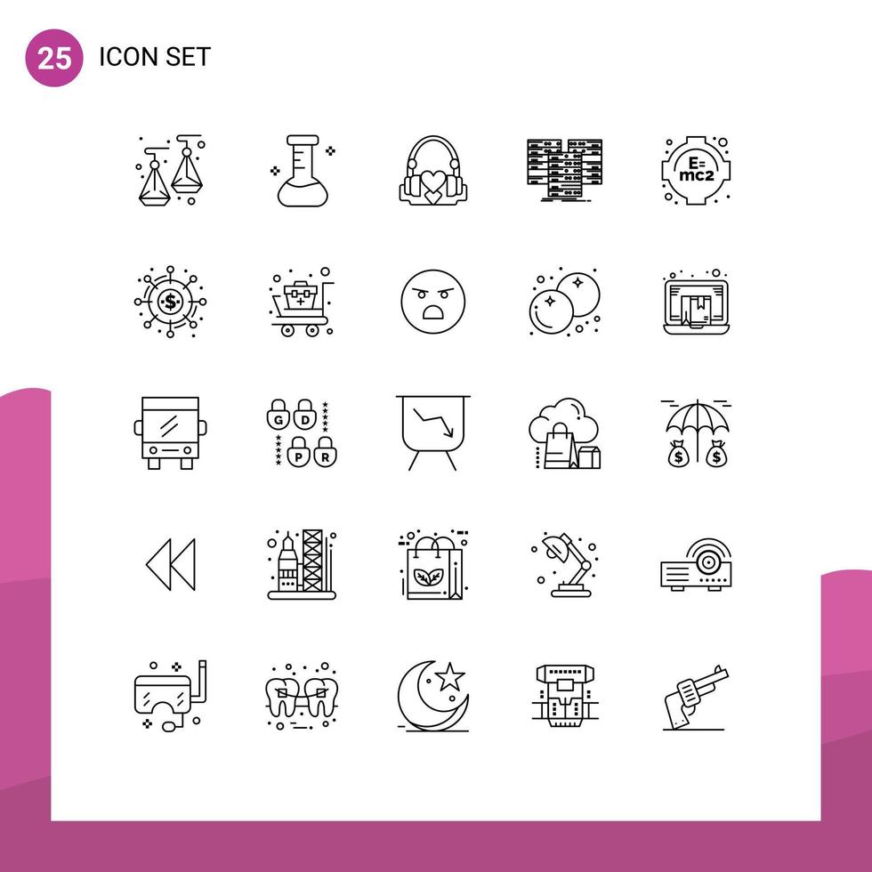 Universal Icon Symbols Group of 25 Modern Lines of learning server love database centre Editable Vector Design Elements