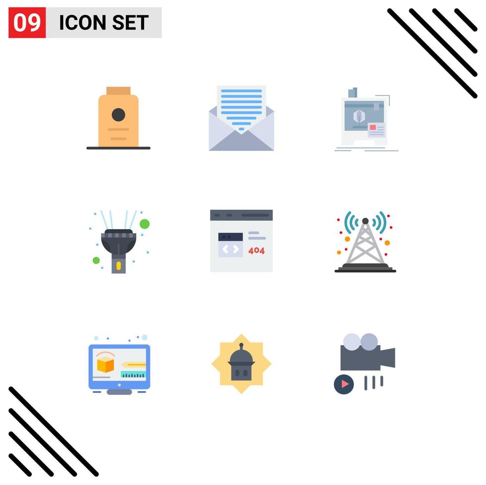 9 concepto de color plano para sitios web móviles y aplicaciones navegador antorcha letra luz impresión elementos de diseño vectorial editables vector