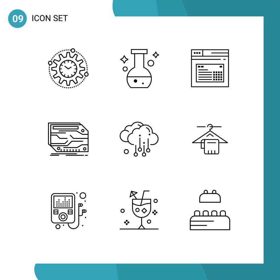 Pictogram Set of 9 Simple Outlines of electronic component test card website Editable Vector Design Elements