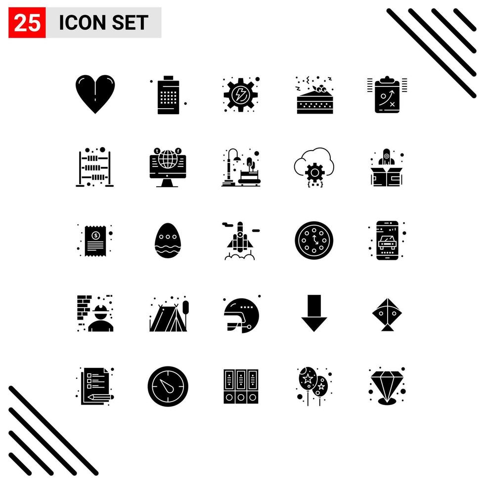 Pack of 25 creative Solid Glyphs of tactic planning energy clipboard party Editable Vector Design Elements