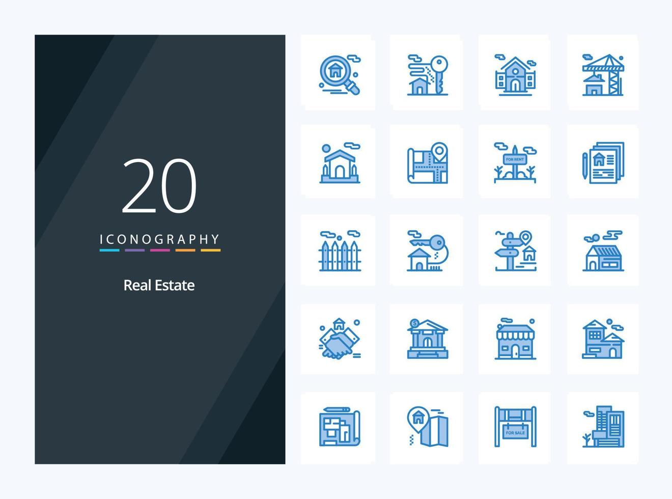 20 icono de color azul inmobiliario para presentación vector