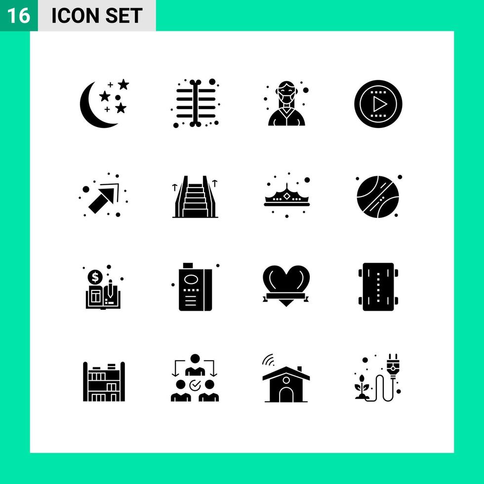 Set of 16 Vector Solid Glyphs on Grid for stair up mask arrow media Editable Vector Design Elements