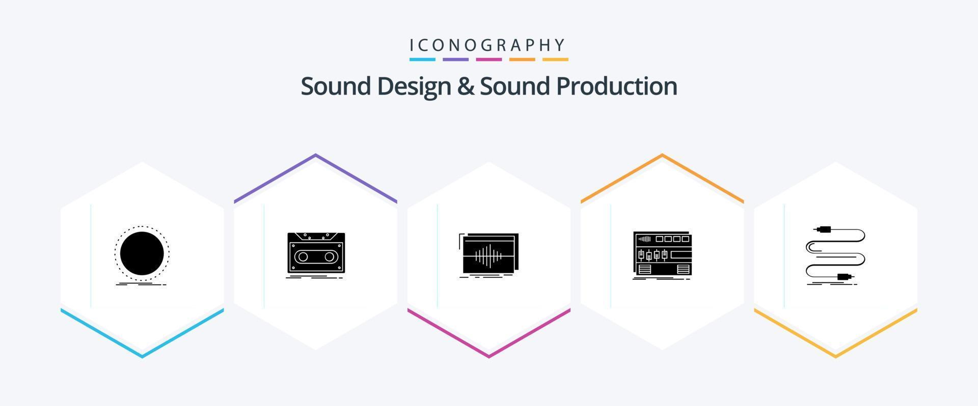 paquete de iconos de 25 glifos de diseño de sonido y producción de sonido, incluido el módulo. audio. cinta. ola. hercios vector