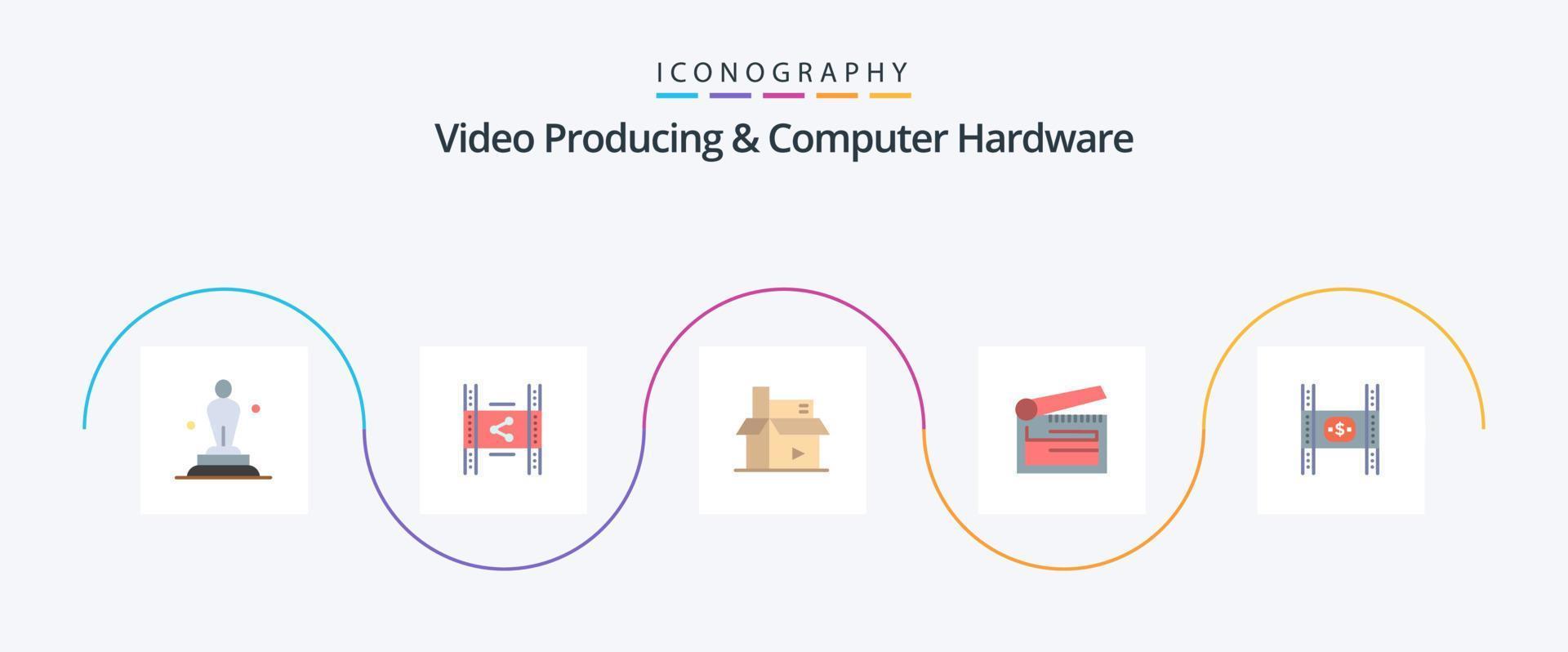 producción de video y paquete de íconos planos de hardware de computadora 5 que incluye tablilla. acción. pp. publicación. digital vector