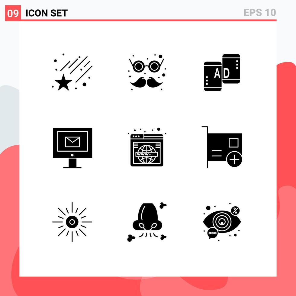 Modern Set of 9 Solid Glyphs Pictograph of web page mobile service mail Editable Vector Design Elements