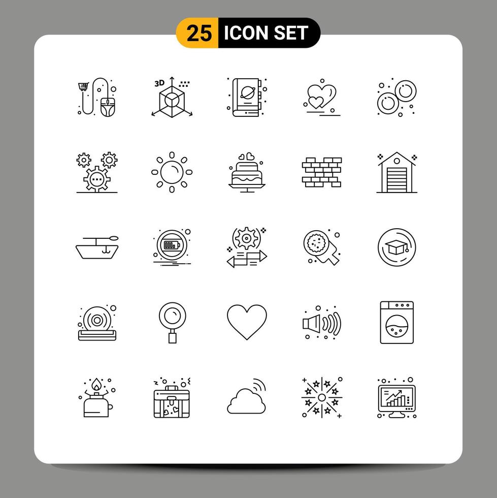 25 Thematic Vector Lines and Editable Symbols of couple heart direction space planet Editable Vector Design Elements